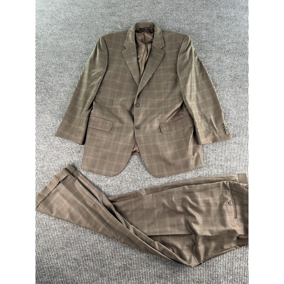 Jos. A Bank Suit 43 R Taupe Wool Windowpane Signature Collection Pants Set 37x29